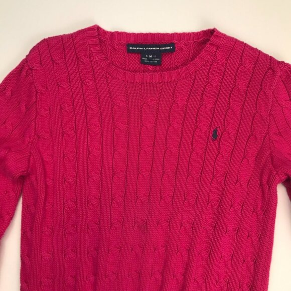 RALPH LAUREN SPORT Slim Fit Pink Raspberry M Crew Neck Cable Sweater - Picture 2 of 7